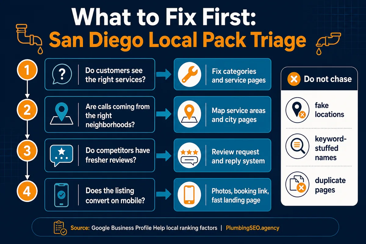 Decision tree infographic for diagnosing what San Diego plumbers should fix first in the local pack.