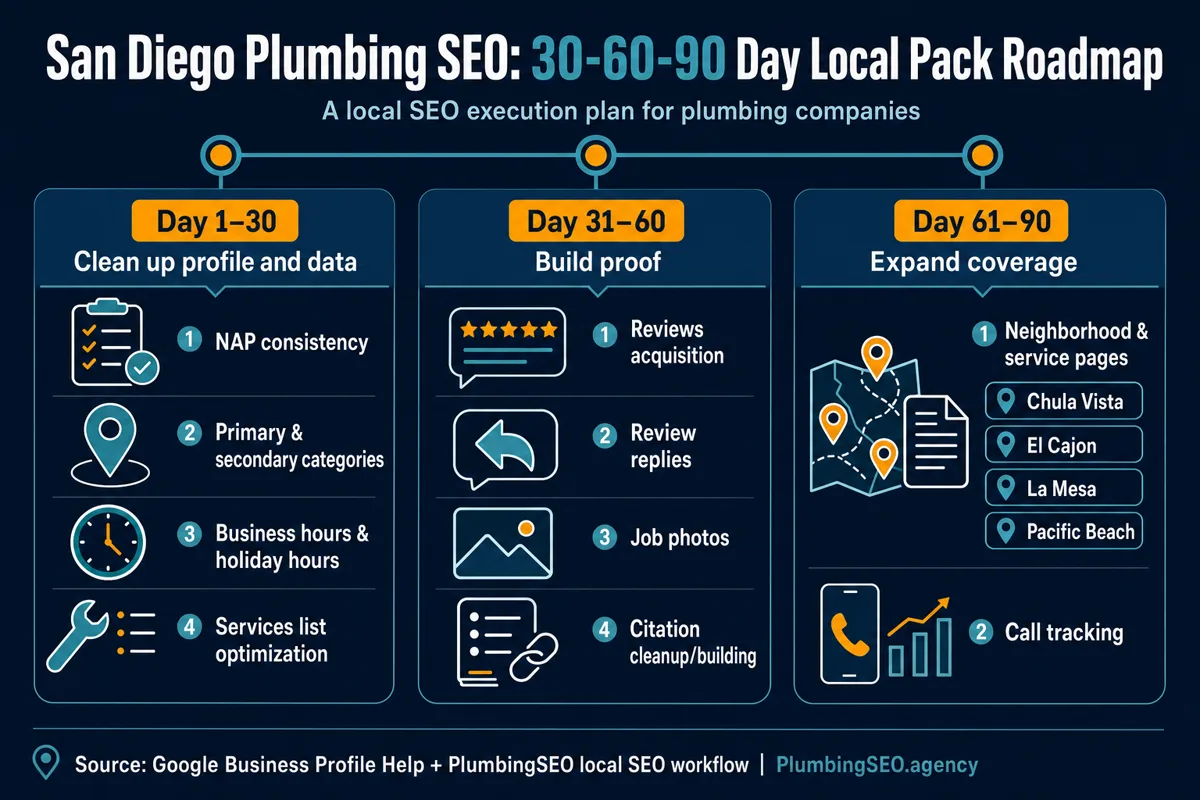 30-60-90 day roadmap infographic for San Diego plumbing SEO local pack improvements.