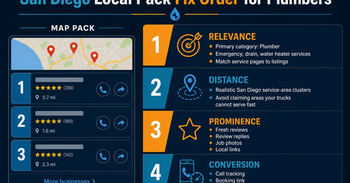 San Diego plumbing SEO local pack teardown infographic