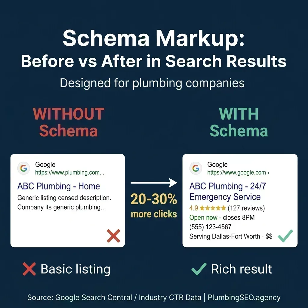 Side-by-side comparison showing a basic Google search result without schema versus a rich result with schema markup displaying star ratings, business hours, phone number, and service area