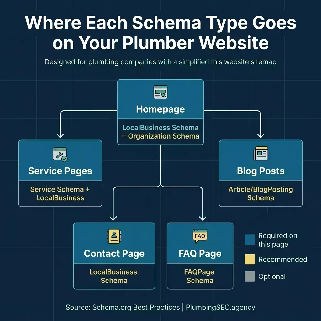 Website architecture diagram showing which schema types belong on each page: LocalBusiness on homepage and contact page, Service schema on service pages, Article schema on blog posts, and FAQPage schema on FAQ sections