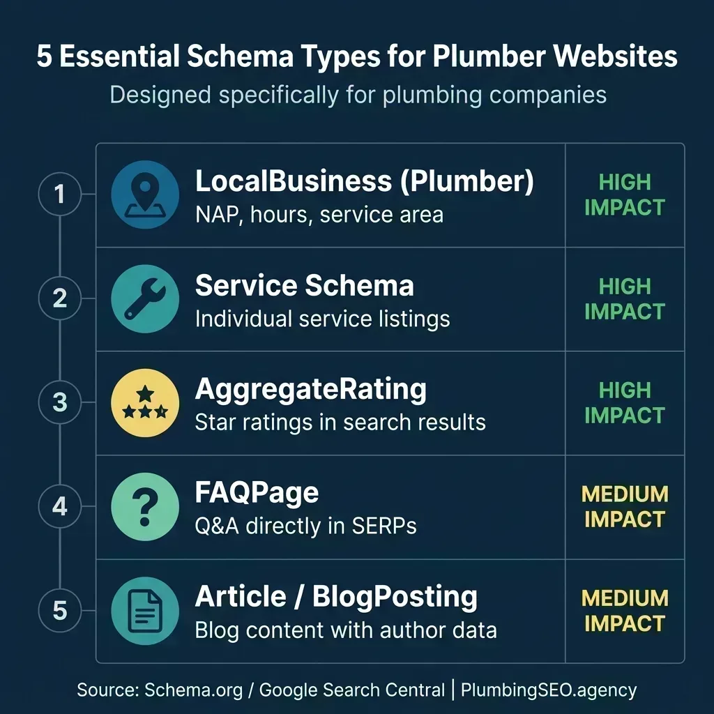 Infographic showing the 5 essential schema types for plumber websites: LocalBusiness, Service Schema, AggregateRating, FAQPage, and Article/BlogPosting, with impact ratings