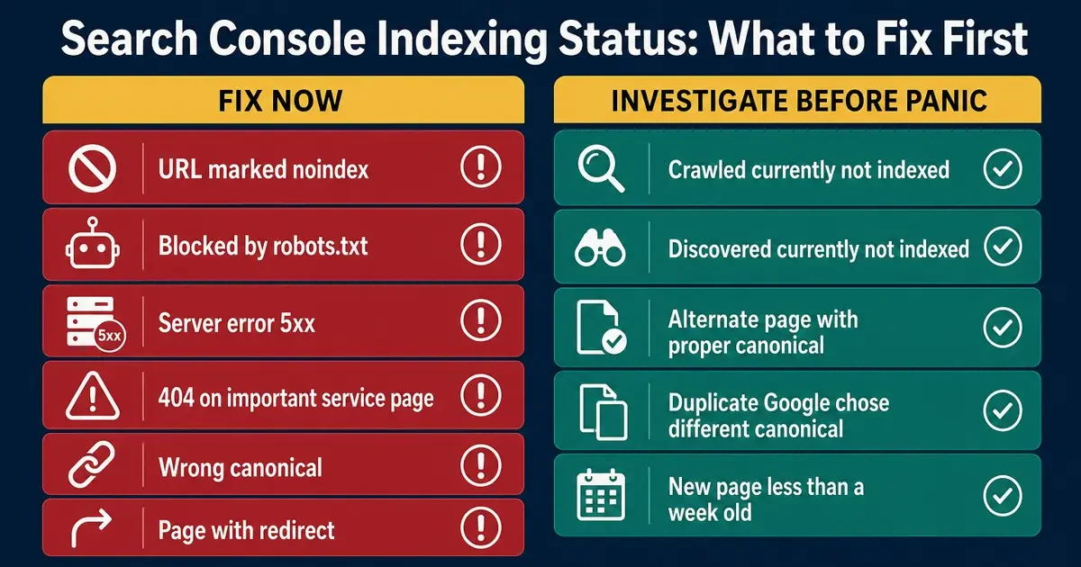 Search Console indexing statuses showing which plumbing website problems to fix first