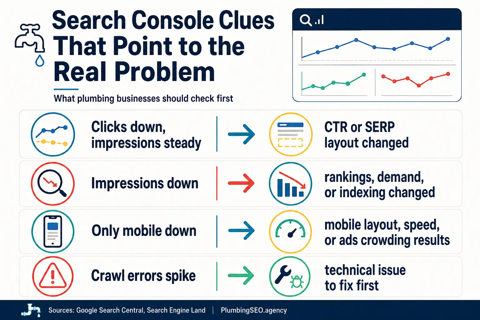 Search Console clue chart showing how clicks, impressions, mobile performance, and crawl errors point to different traffic drop causes.