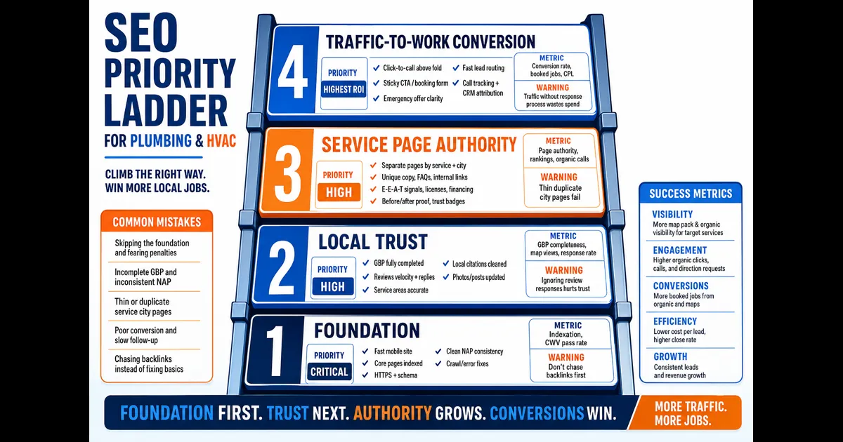 Priority ladder showing the order to fix SEO for plumbing and HVAC companies