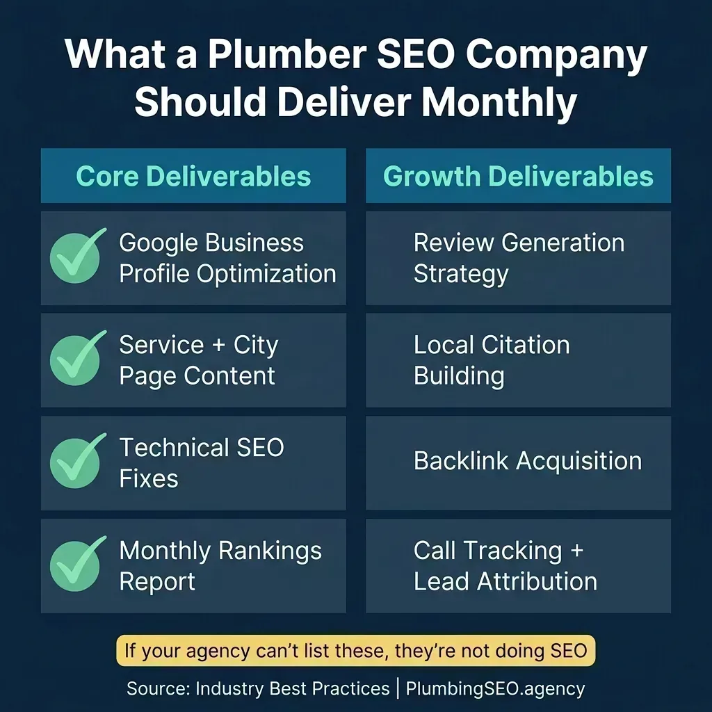 Infographic showing the 8 core deliverables a plumber SEO company should provide monthly, including GBP optimization, content creation, technical fixes, and call tracking