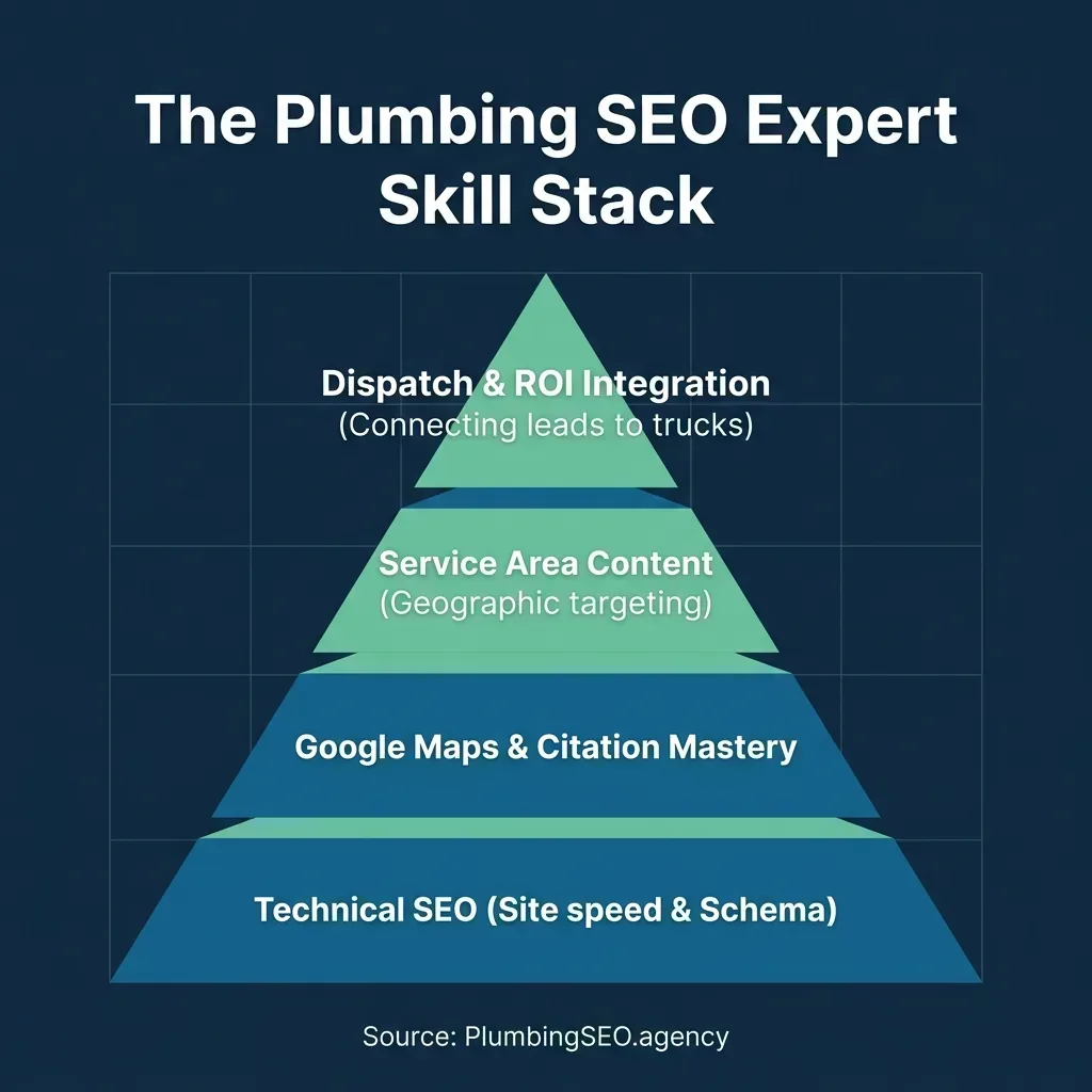 Plumbing SEO expert skill stack covering technical SEO, maps, content, and call tracking