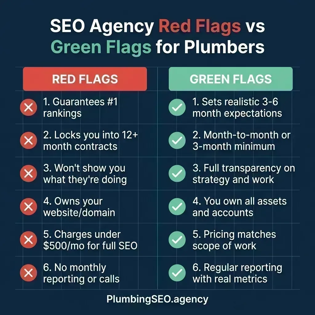 Infographic comparing 6 SEO agency red flags versus 6 green flags for plumbing companies
