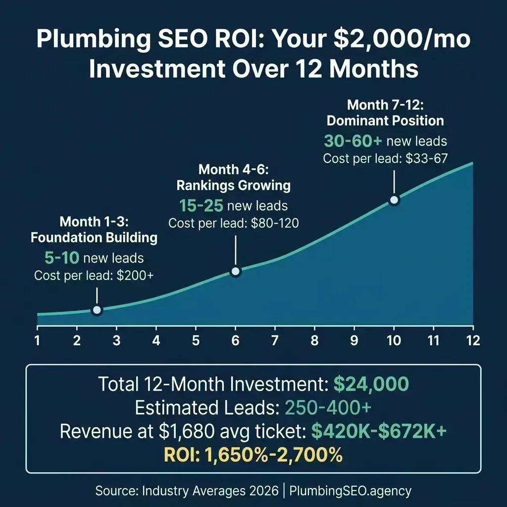 Infographic showing plumbing SEO ROI timeline from month 1 through month 12 with leads and cost per lead at each stage