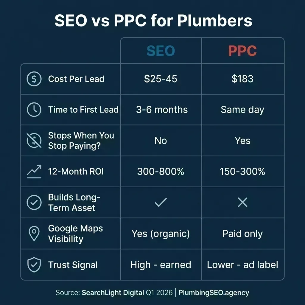 Infographic comparing SEO vs PPC for plumbers across 7 key metrics including cost per lead, ROI, and trust signals