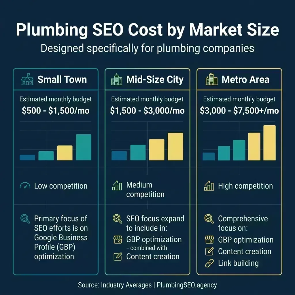 Plumbing SEO budget ranges by market size for small towns, mid-size cities, and metro areas