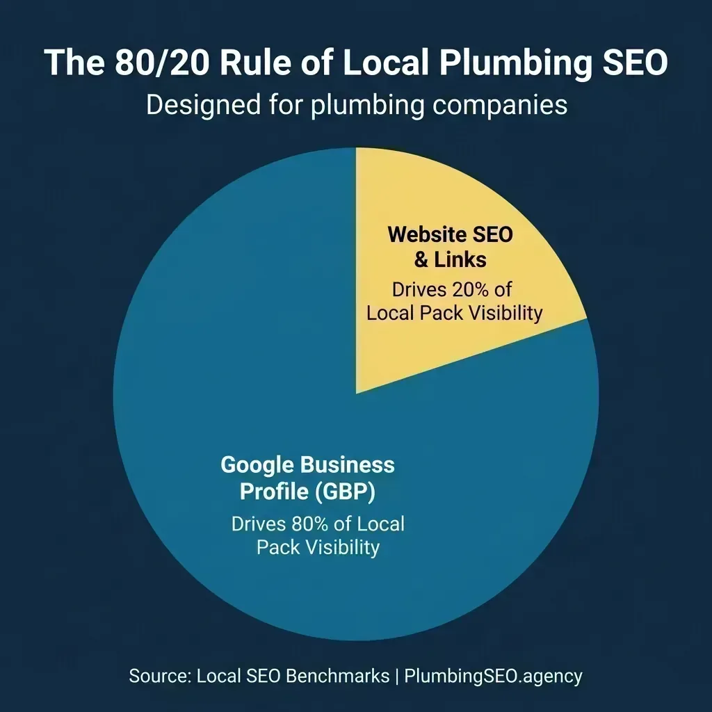 The 80/20 rule of local plumbing SEO showing Google Business Profile as the main driver of local-pack visibility