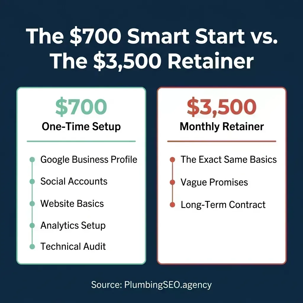 Comparison of a one-time plumbing SEO foundation setup versus a recurring monthly retainer