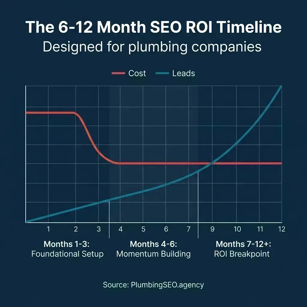 Plumbing SEO ROI timeline showing upfront cost, compounding leads, and lower cost per lead over time