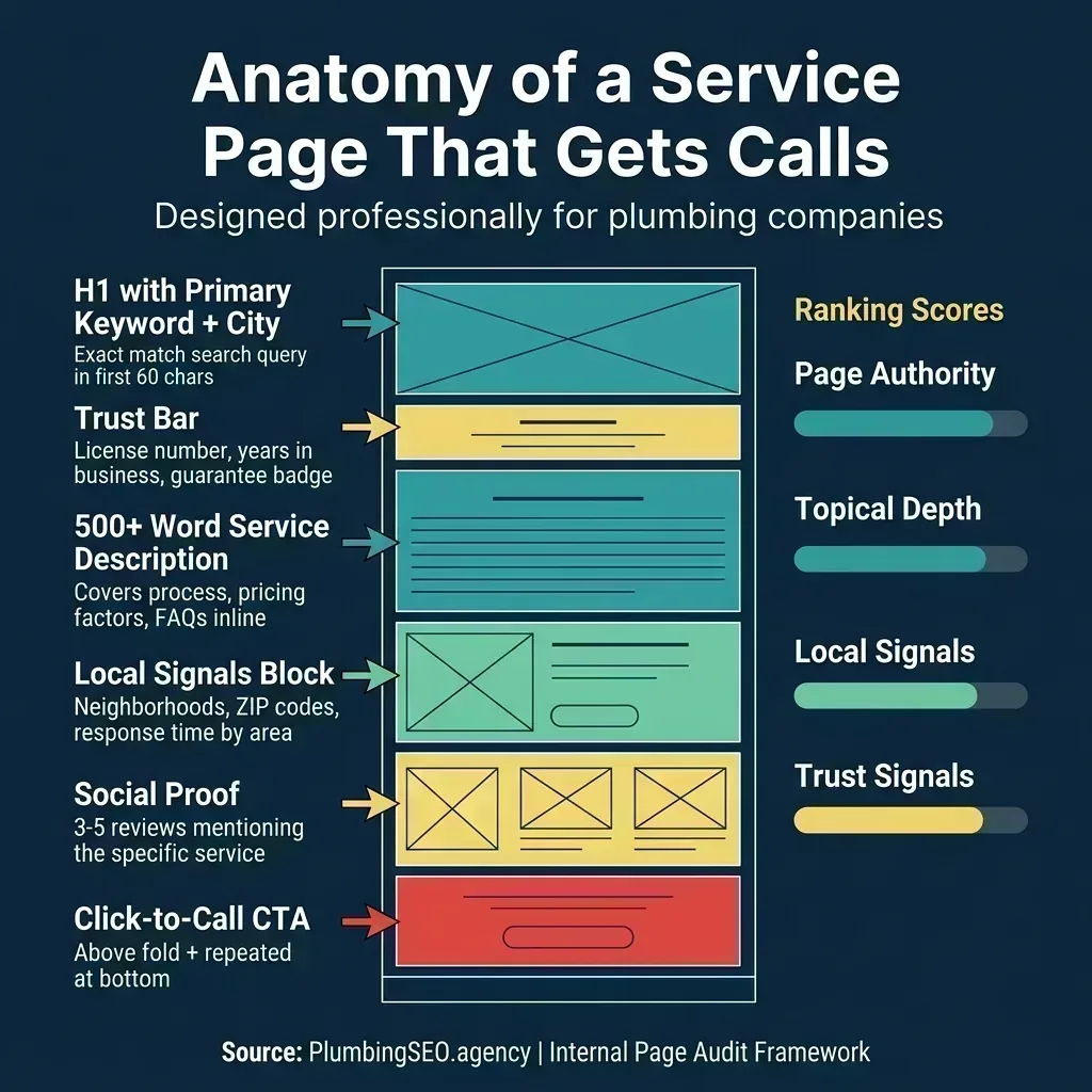 Infographic: Plumbing Service Page Anatomy &mdash; The 7-Element Formula showing Problem-Focused H1, Trust Signal Strip, Short Answer Paragraph, Pricing or Process Explainer, Local Proof, FAQ Block, and Sticky CTA