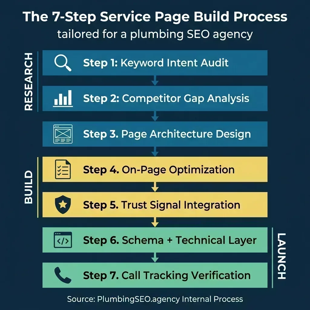 Vertical flowchart showing 7-step service page build process. Steps 1-2 in Research phase: Keyword Intent Audit and Competitor Gap Analysis. Steps 3-5 in Build phase: Page Architecture Design, On-Page Optimization, Trust Signal Integration. Steps 6-7 in Launch phase: Schema plus Technical Layer, Call Tracking Verification. Each step shown with icon in navy-to-green color progression.
