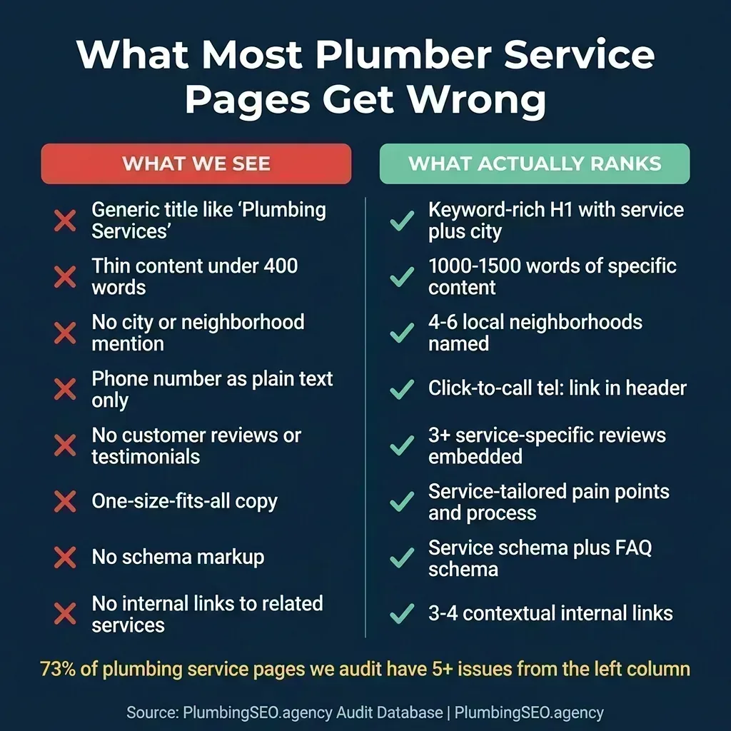 Side-by-side comparison showing what most plumbing service pages get wrong versus what actually ranks: generic title versus keyword-rich H1 with city, thin content under 400 words versus 1000-1500 words, no city mention versus 4-6 local neighborhoods named, plain text phone number versus click-to-call link, no reviews versus 3 service-specific reviews, generic copy versus service-tailored pain points, no schema versus Service plus FAQ schema, no internal links versus 3-4 contextual links. Bottom stat: 73% of plumbing service pages we audit have 5+ issues from the left column.