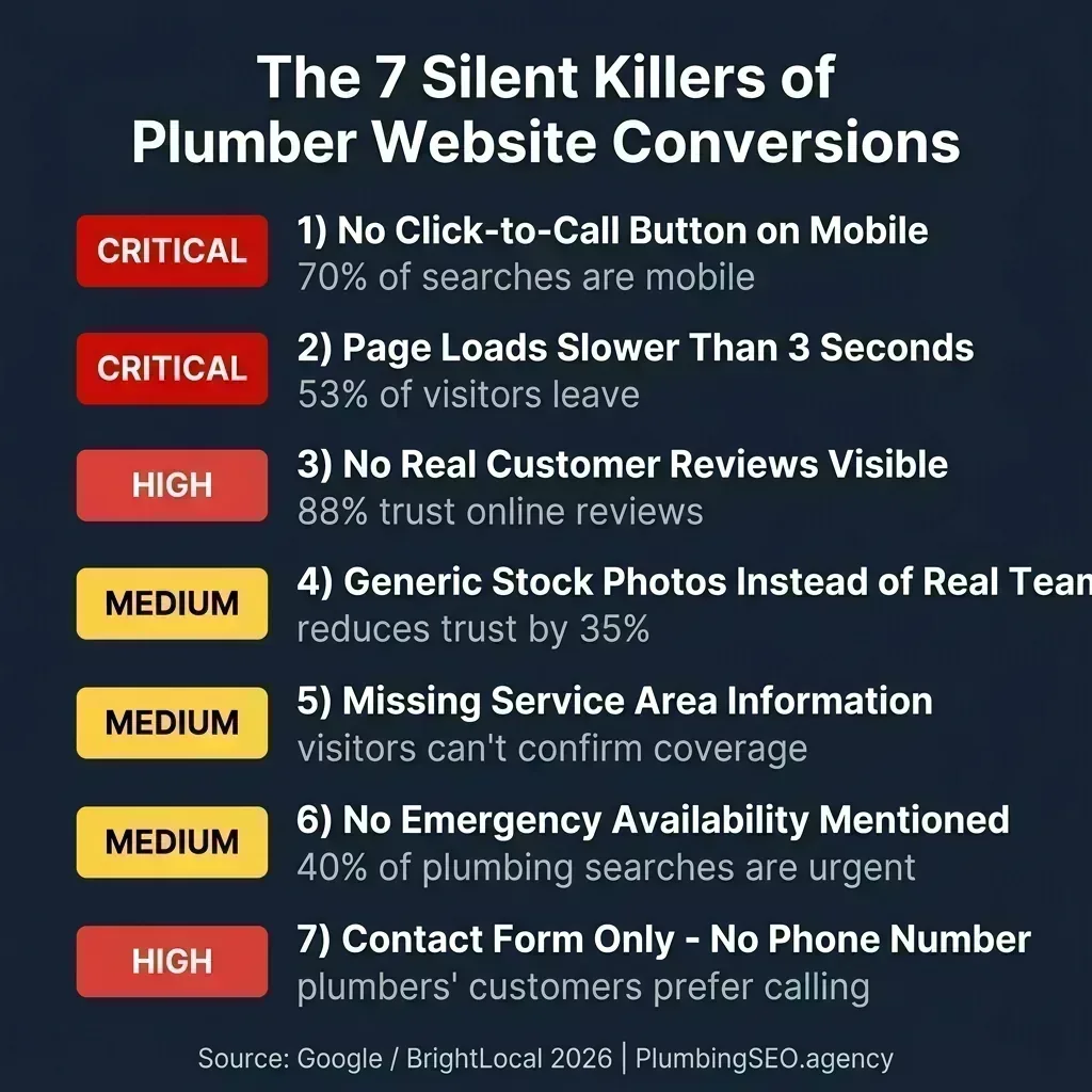 The 7 silent killers of plumber website conversions, ranked by severity from critical to medium impact