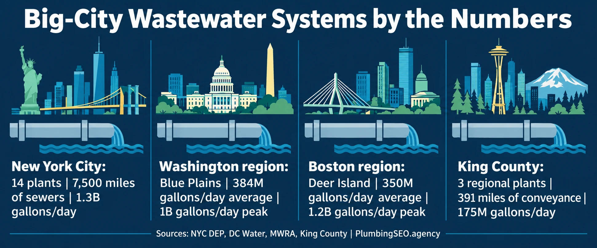 Comparison of New York City, Blue Plains, Deer Island and King County wastewater system size and flow benchmarks