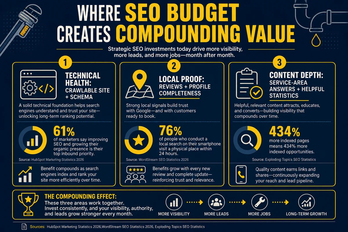 Plumbing SEO budget value ladder comparing package cost to qualified service calls and booked jobs