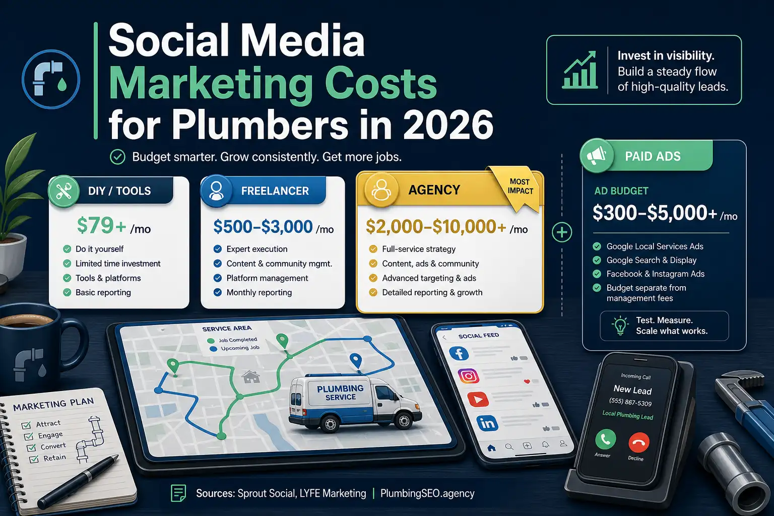 Social media marketing cost ranges for plumbing companies in 2026