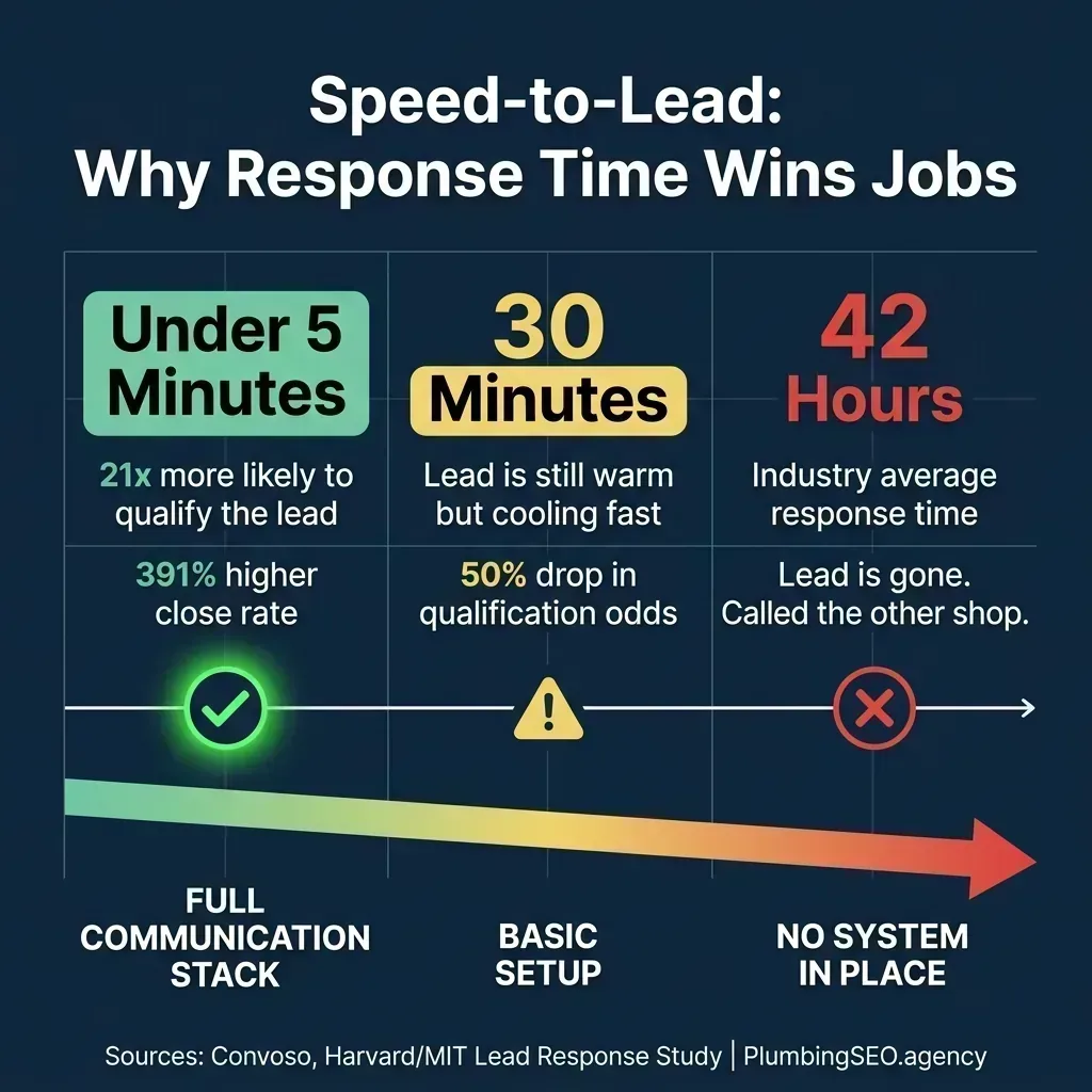 Speed-to-Lead infographic showing three response scenarios: Under 5 Minutes with 21x more likely to qualify and 391% higher close rate, 30 Minutes with lead cooling fast, and 42 Hours (industry average) where the lead is gone