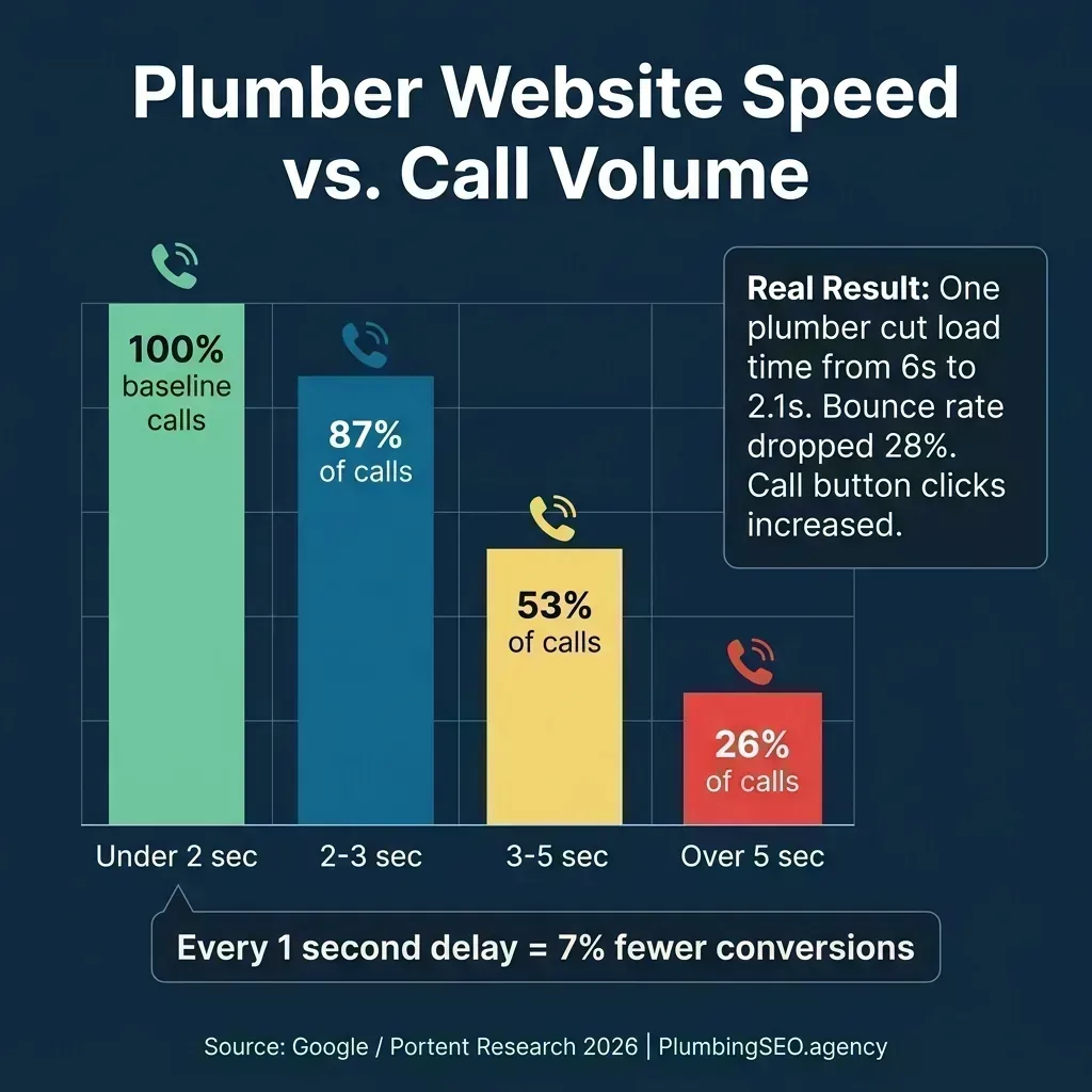 Bar chart showing the relationship between plumber website load speed and call volume, with sites under 2 seconds generating the most calls