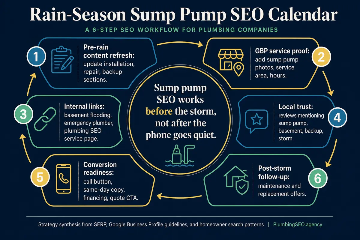 Rain season sump pump SEO calendar with pre-rain content refresh, Google Business Profile proof, internal links, local trust, conversion readiness, and follow-up