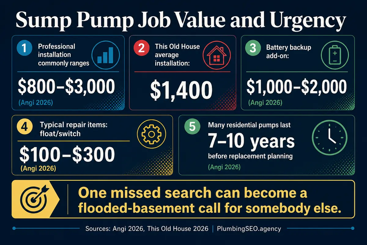 Sump pump SEO infographic showing installation cost, backup system cost, repair item cost, and replacement planning data