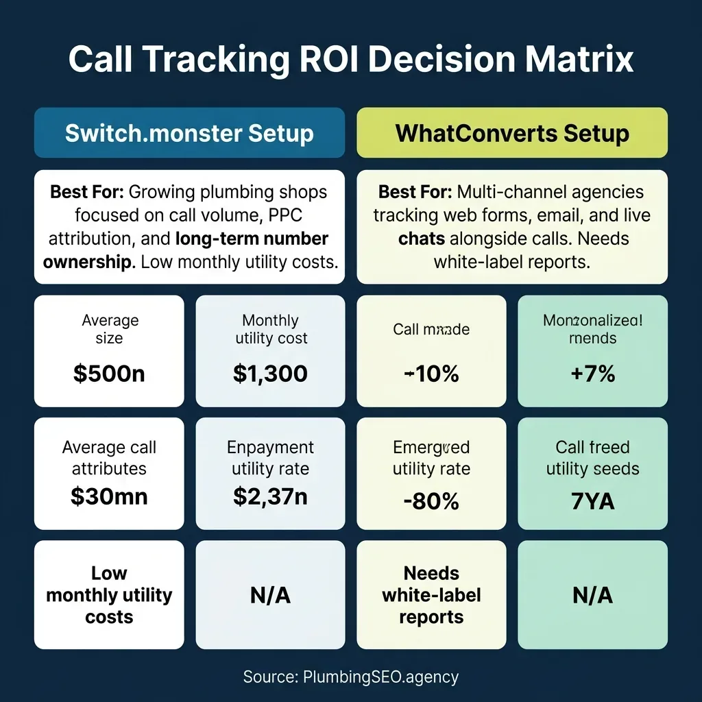 Switch.monster vs WhatConverts cost and features comparison matrix infographic