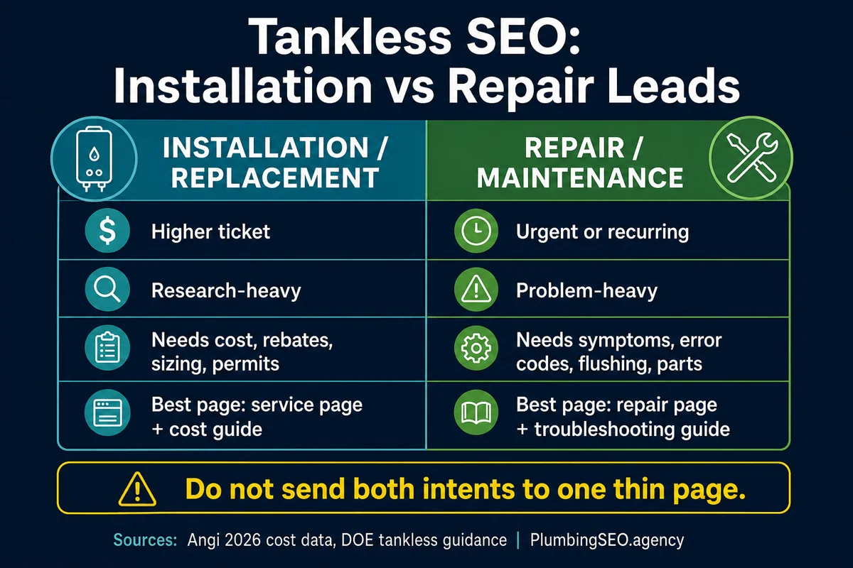 Infographic comparing tankless water heater installation SEO leads with repair and maintenance SEO leads