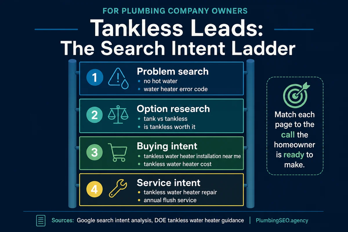Infographic showing the search intent ladder for tankless water heater SEO from problem searches to installation and repair service intent