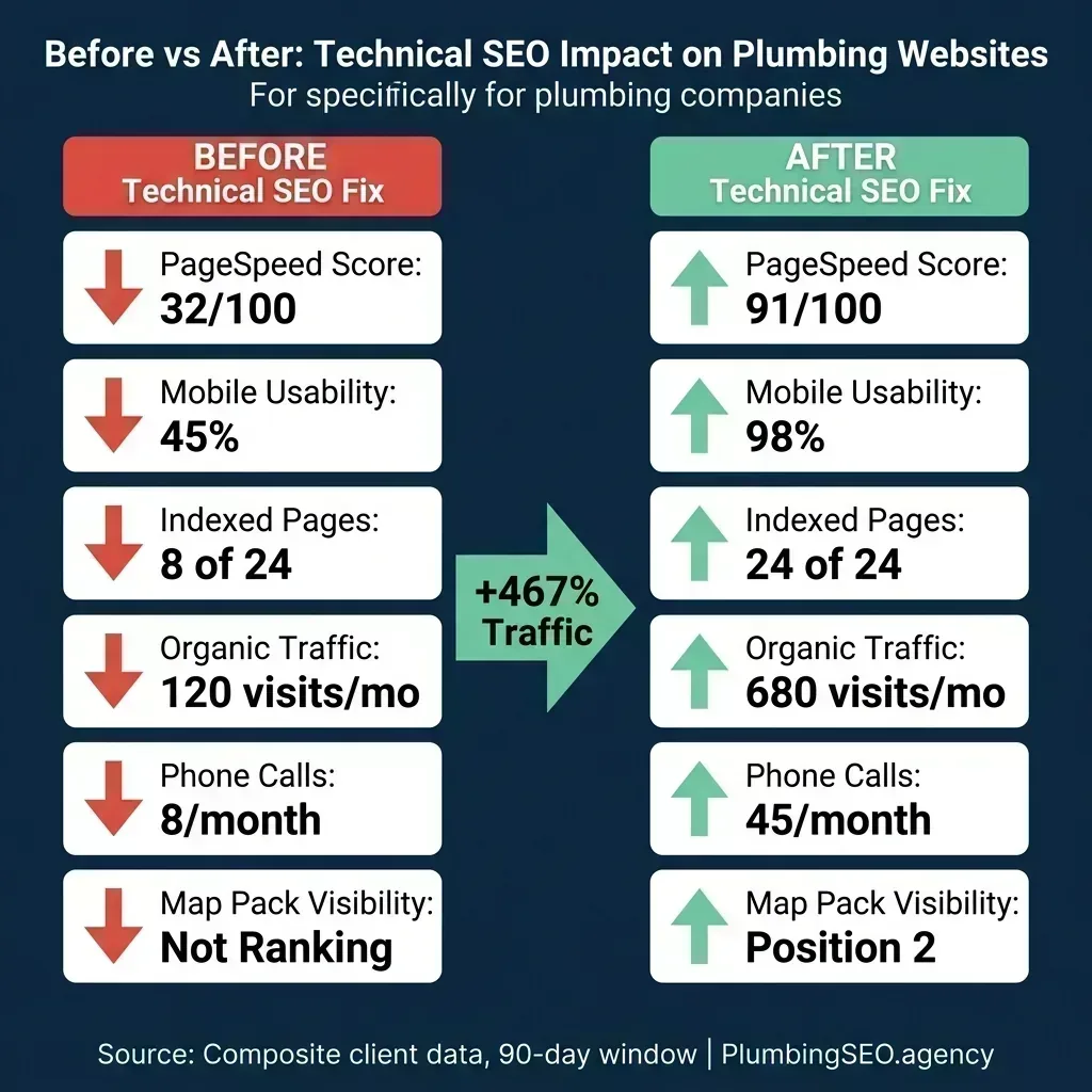 Before and after comparison showing technical SEO impact on a plumbing website over 90 days. Before: PageSpeed 32/100, mobile usability 45%, 8 of 24 pages indexed, 120 visits per month, 8 calls per month, not ranking in Map Pack. After: PageSpeed 91/100, mobile usability 98%, 24 of 24 pages indexed, 680 visits per month, 45 calls per month, Map Pack position 2. Overall traffic increase of 467%.