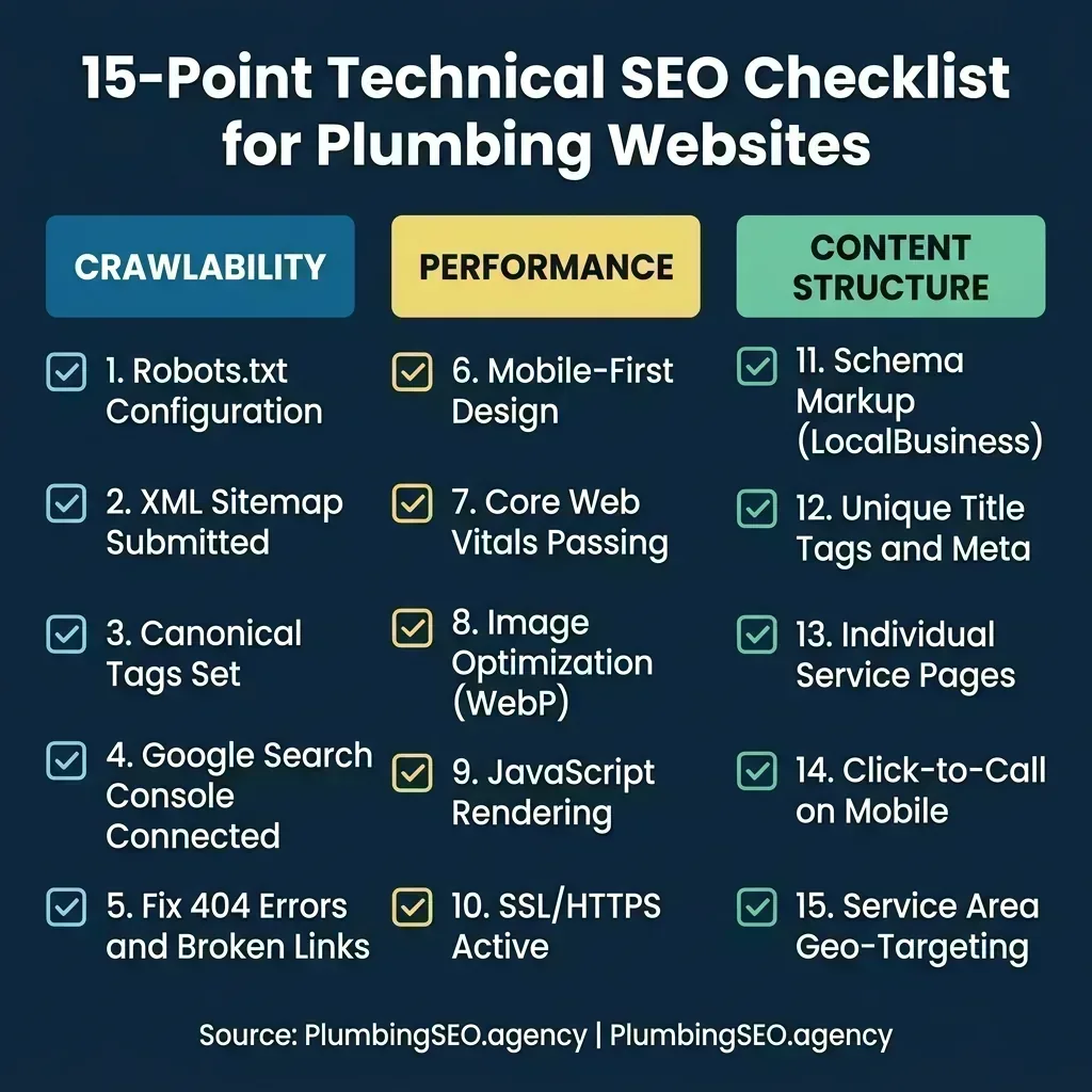 15-point technical SEO checklist organized into three columns: Crawlability (robots.txt, XML sitemap, canonical tags, Search Console, 404 errors), Performance (mobile-first design, Core Web Vitals, image optimization, JavaScript rendering, SSL/HTTPS), Content Structure (schema markup, unique title tags, individual service pages, click-to-call, geo-targeting)