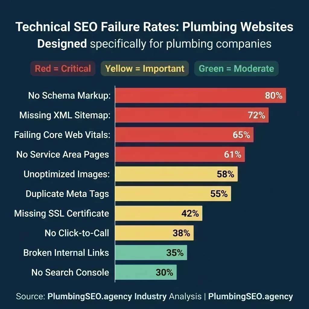 Horizontal bar chart showing technical SEO failure rates for plumbing websites: 80% have no schema markup, 72% missing XML sitemap, 65% failing Core Web Vitals, 61% no service area pages, 58% unoptimized images, 55% duplicate meta tags, 42% missing SSL, 38% no click-to-call, 35% broken internal links, 30% no Search Console
