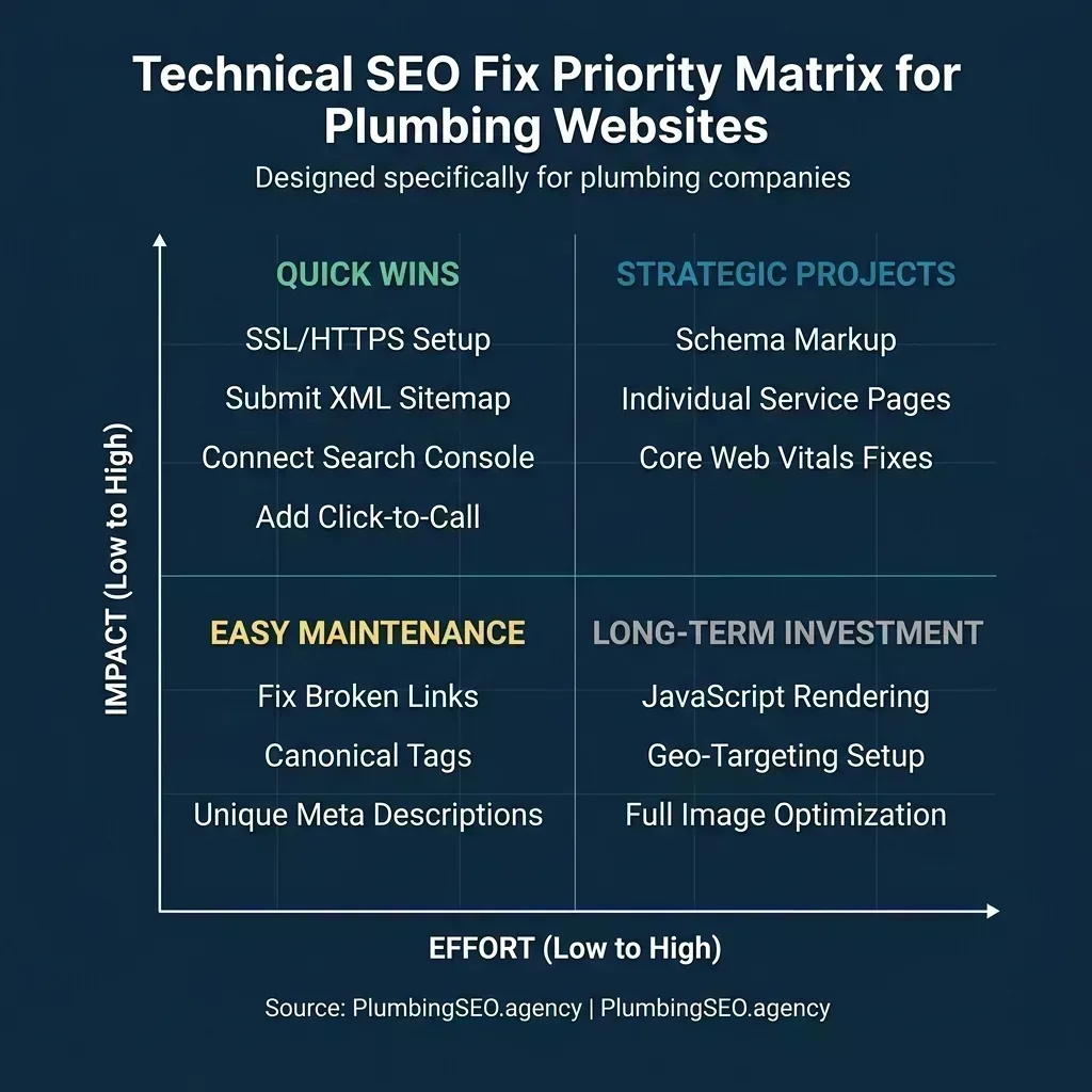 2x2 priority matrix organizing 15 technical SEO items by effort and impact. Quick Wins (high impact, low effort): SSL setup, submit sitemap, connect Search Console, add click-to-call. Strategic Projects (high impact, high effort): schema markup, individual service pages, Core Web Vitals. Easy Maintenance (low impact, low effort): fix broken links, canonical tags, unique meta descriptions. Long-term Investment (low impact, high effort): JavaScript rendering, geo-targeting, full image optimization.