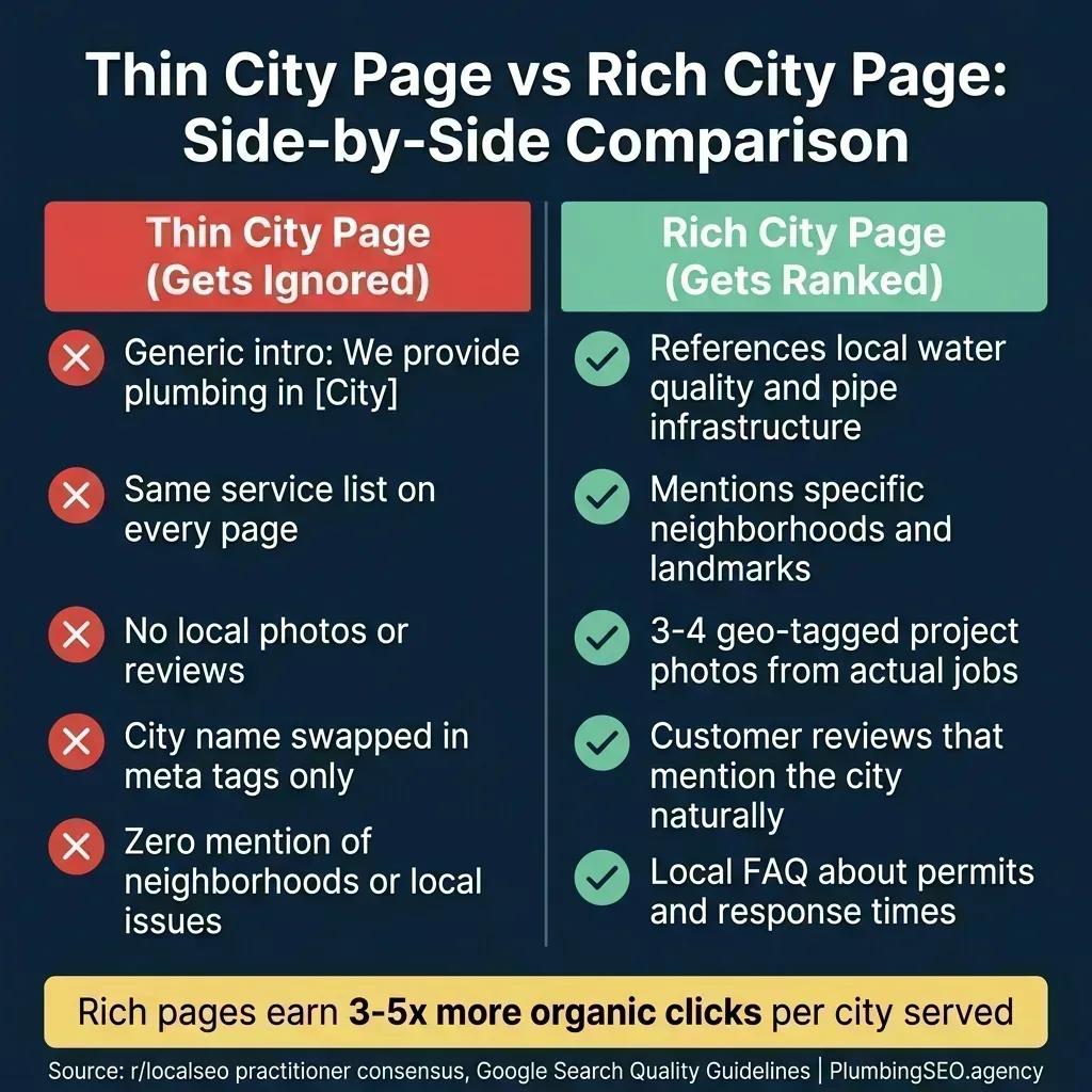 Side-by-side comparison of a thin city page that gets ignored versus a rich city page that ranks