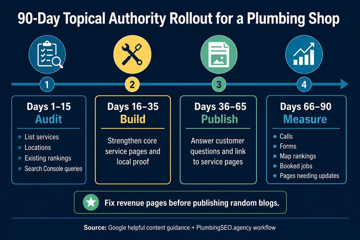 Ninety-day rollout timeline for building topical authority in a plumbing company website, from audit to service page fixes, publishing, and measurement.