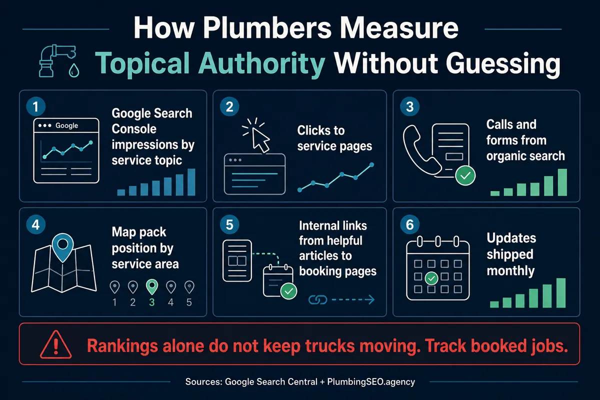Dashboard infographic showing how plumbers measure topical authority through Search Console impressions, service-page clicks, organic calls and forms, map rankings, internal links, and monthly updates.