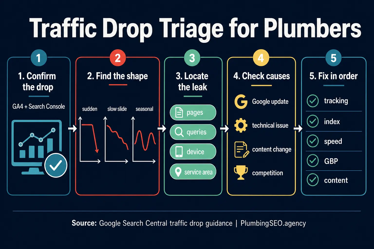 Traffic drop triage workflow for plumbers