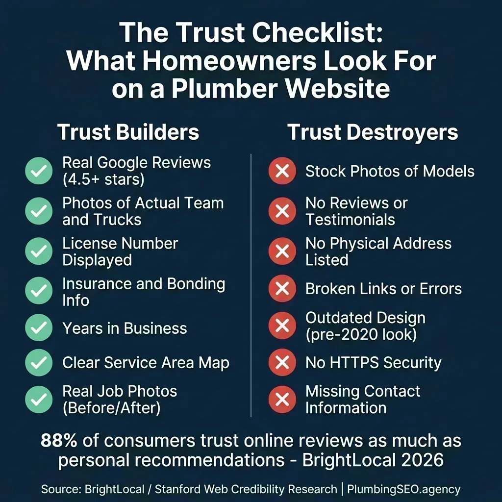 Two-column checklist showing trust builders versus trust destroyers for plumber websites, with green checkmarks for positive items and red X marks for negative items
