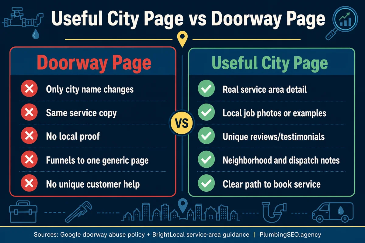 Useful city page versus doorway page checklist for plumbing SEO