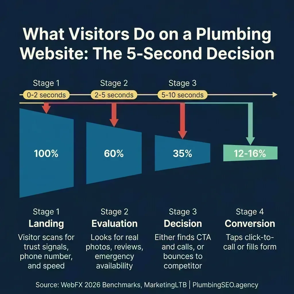 Funnel diagram showing the 4-stage visitor decision process on a plumbing website, from landing to conversion, with drop-off percentages at each stage