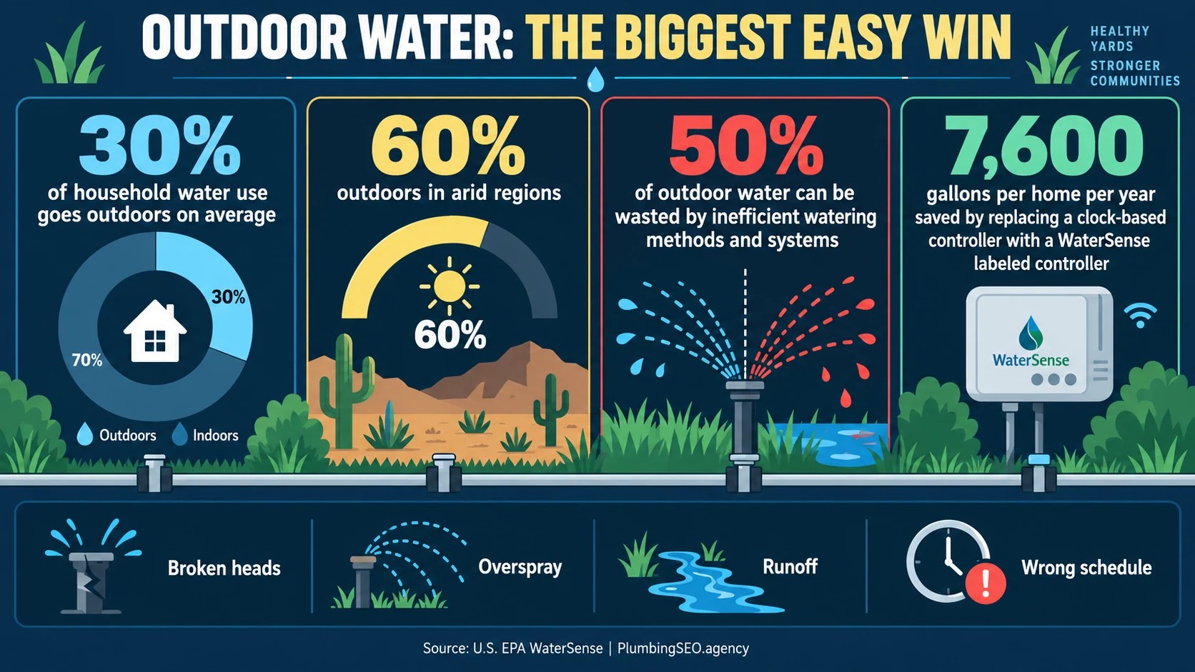 Outdoor household water use, irrigation waste and WaterSense controller savings infographic