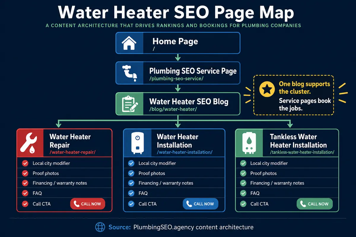 Water heater SEO page map connecting the homepage, plumbing SEO service page, blog, and repair, installation, and tankless service pages