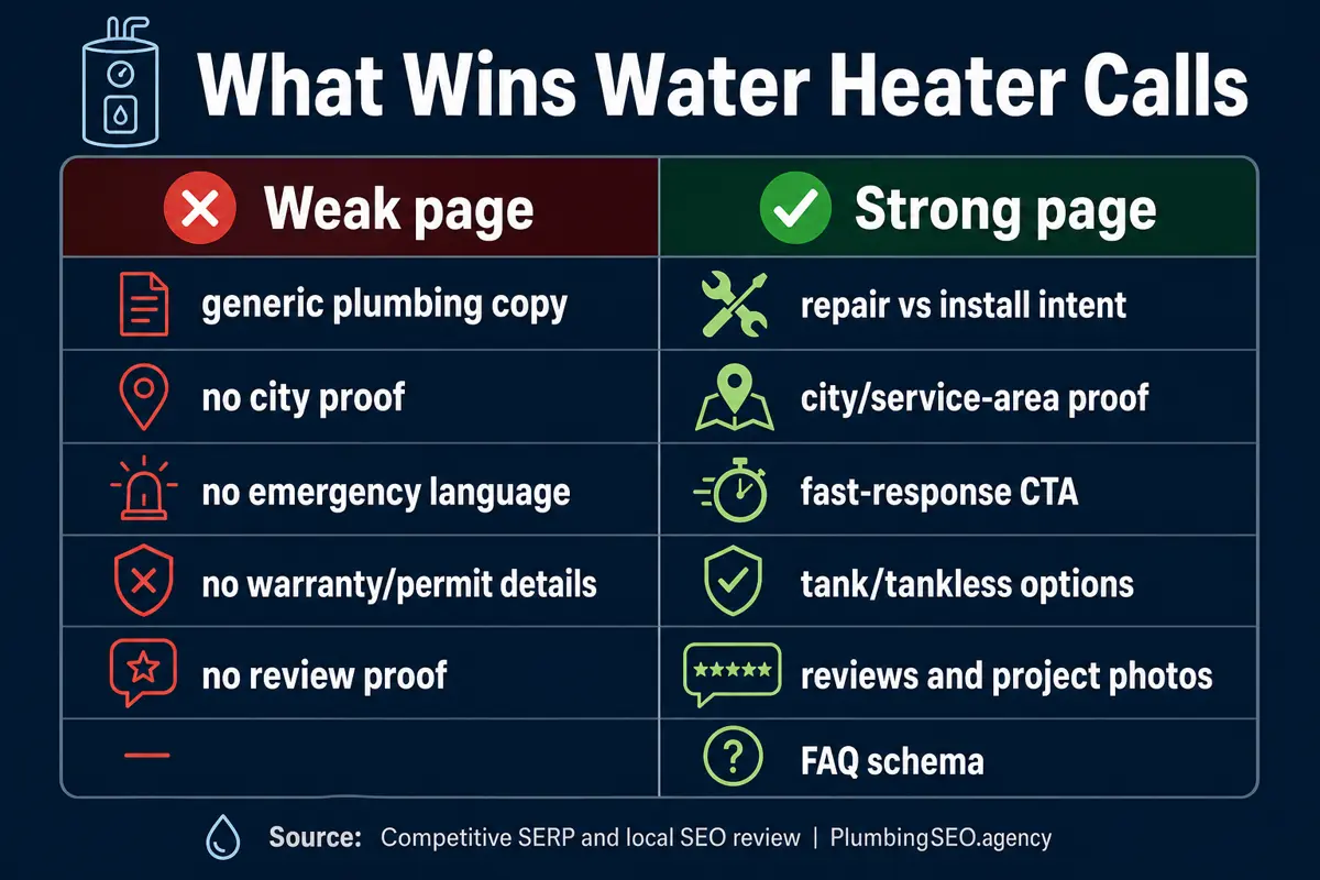 Checklist comparing weak water heater SEO pages with strong pages that include city proof, emergency language, reviews, photos, and FAQ schema