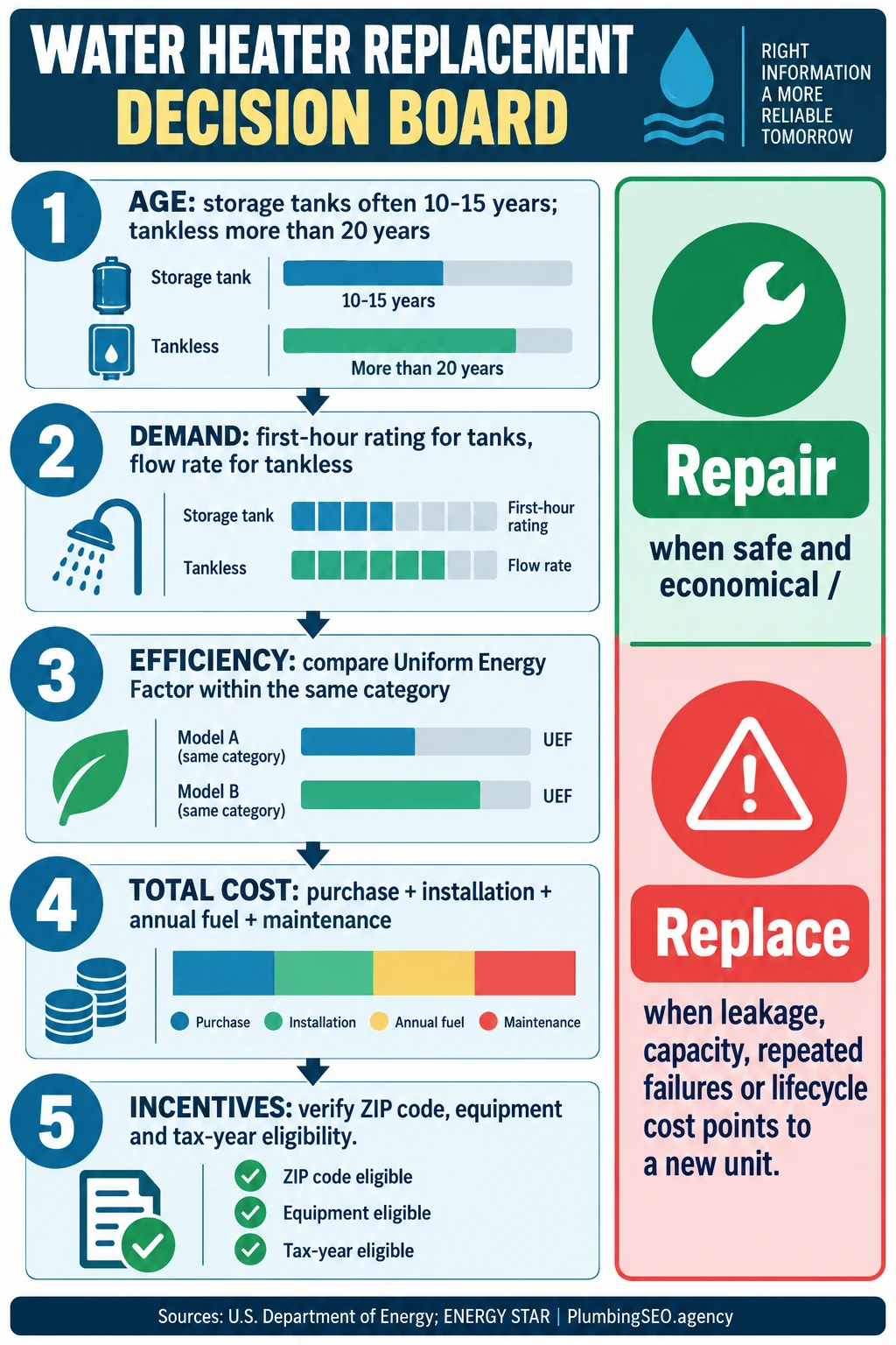 Water heater replacement decision board covering age, demand, efficiency, total cost and incentives