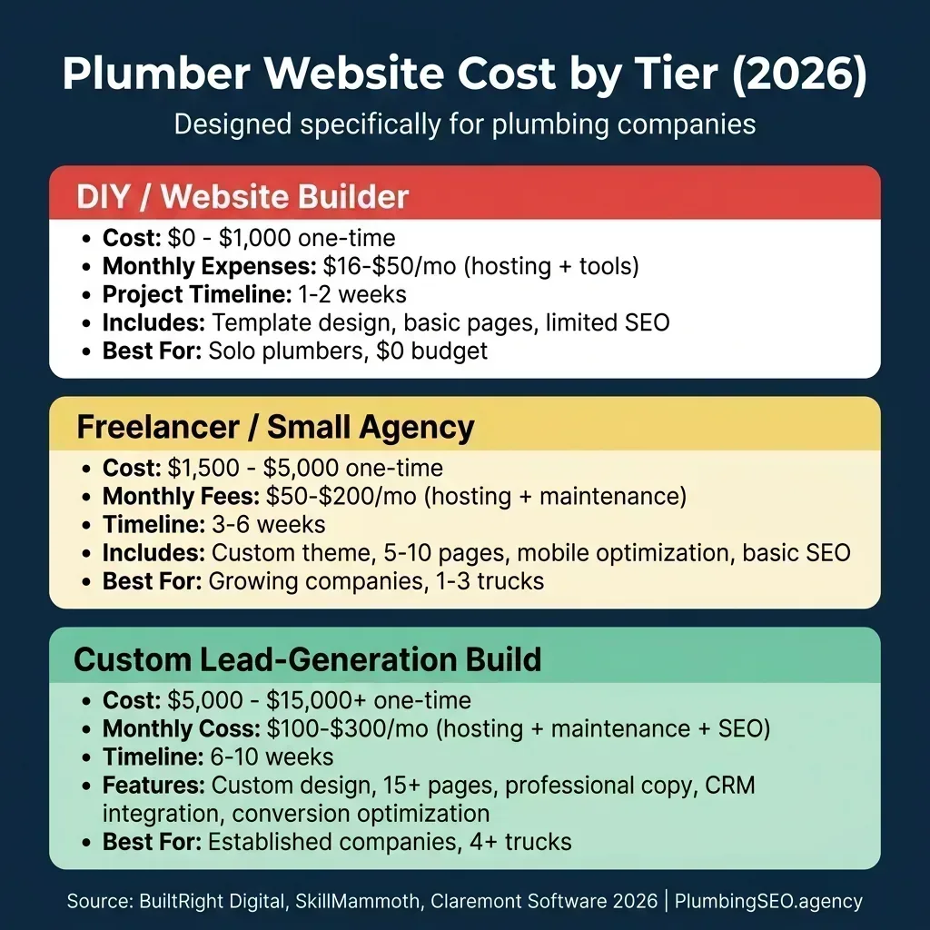 Plumber website cost breakdown in 2026 showing DIY, freelancer, and custom agency pricing tiers