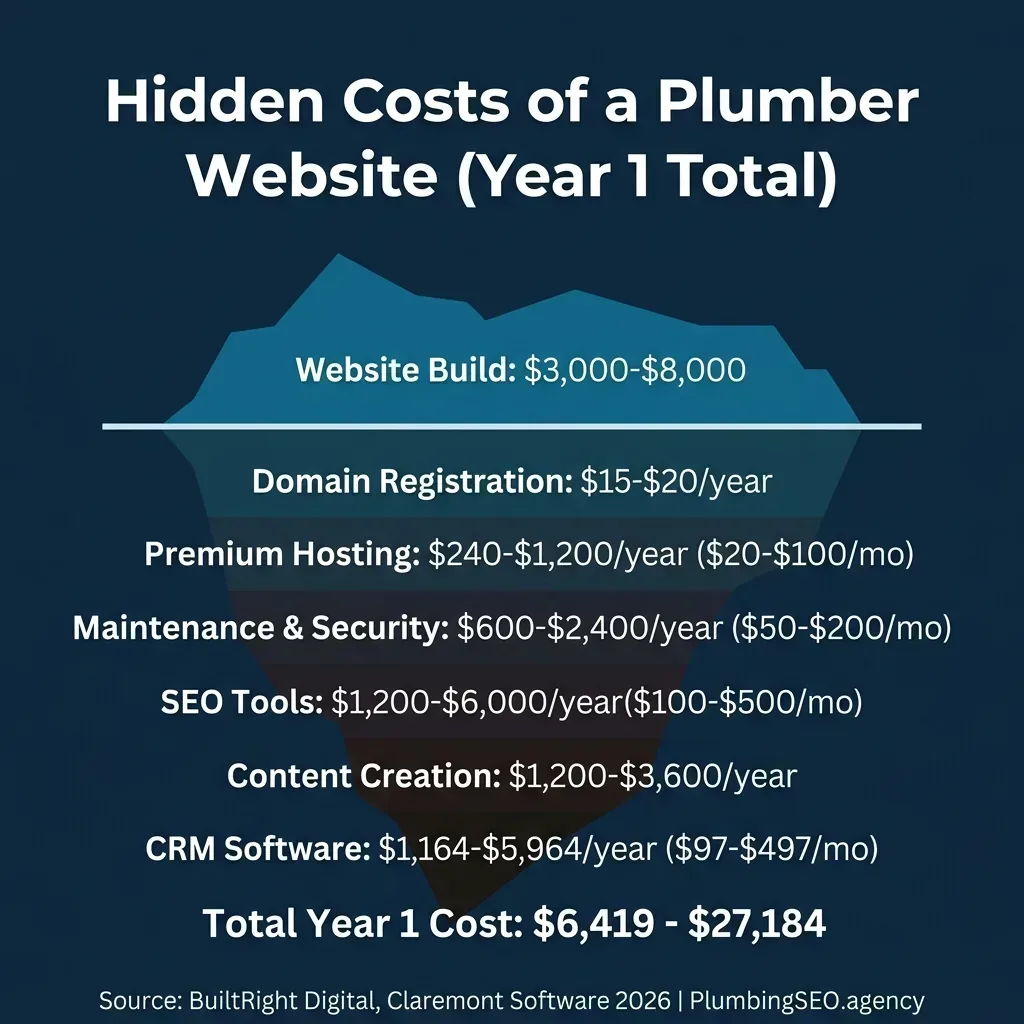 Hidden Costs of a Plumber Website - Year 1 Total showing build cost vs ongoing expenses