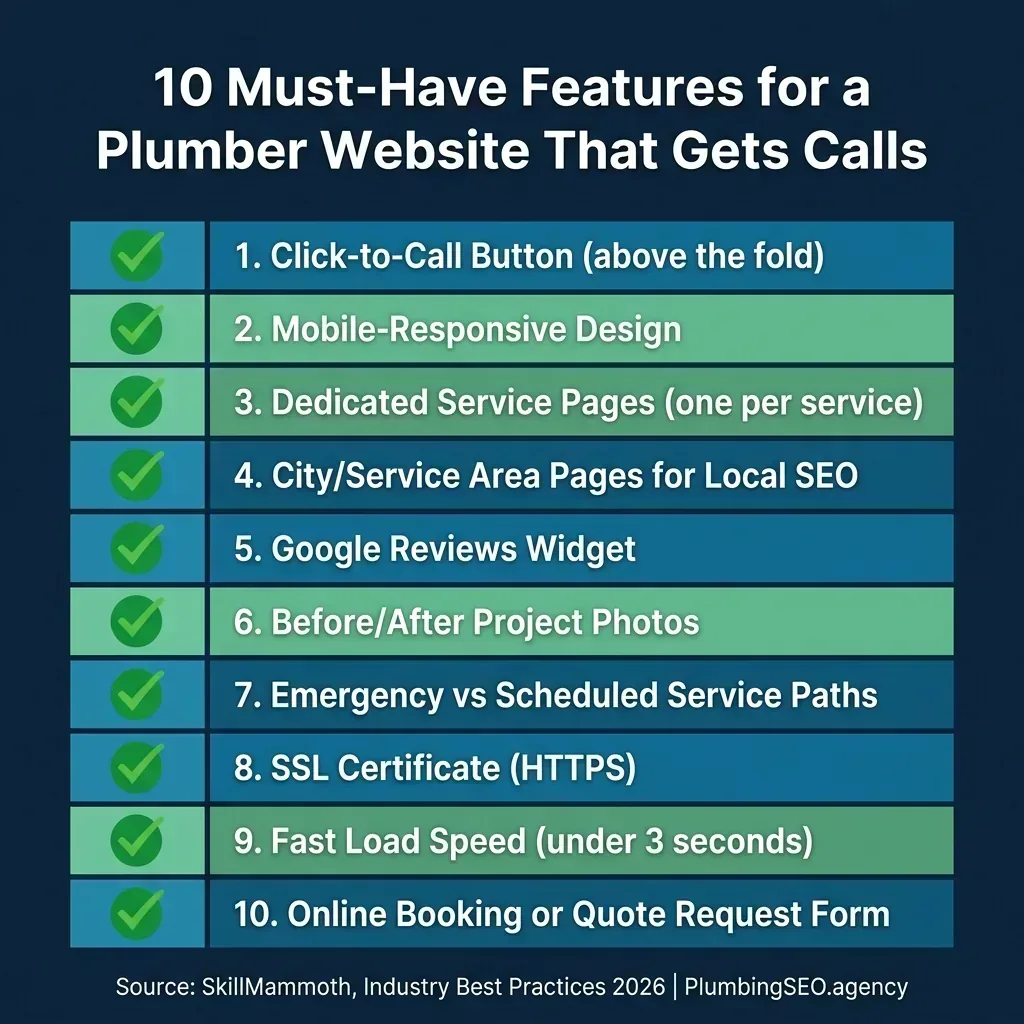 10 Must-Have Features for a Plumber Website checklist including click-to-call, service pages, and reviews
